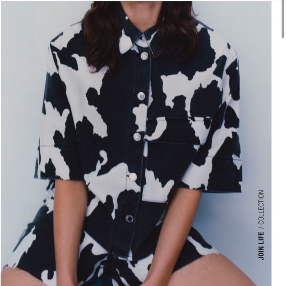 Zara Black & White Cow Print Denim Jacket and Short Set